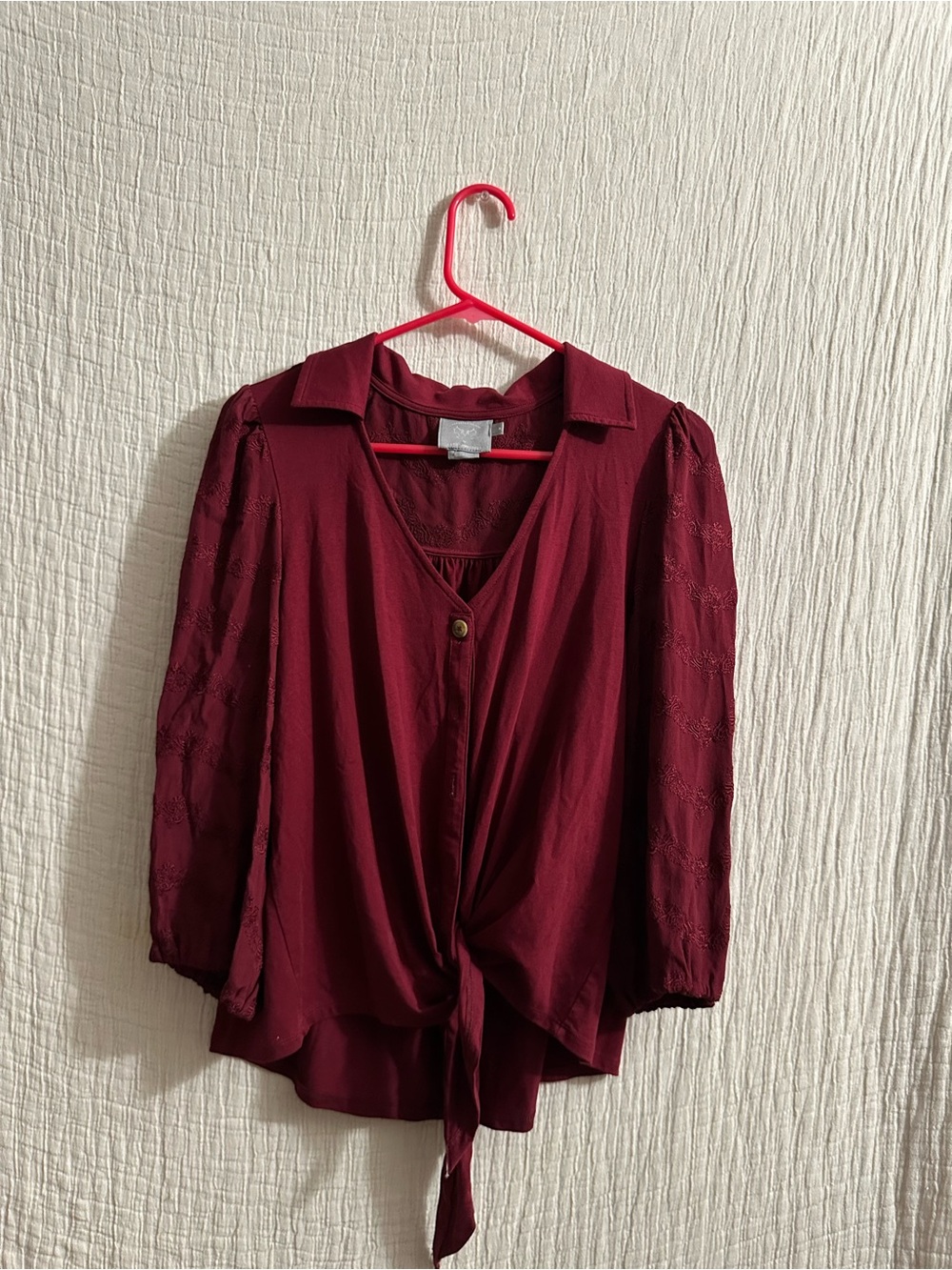 Anthropologie Burgundy Tie-Front Blouse